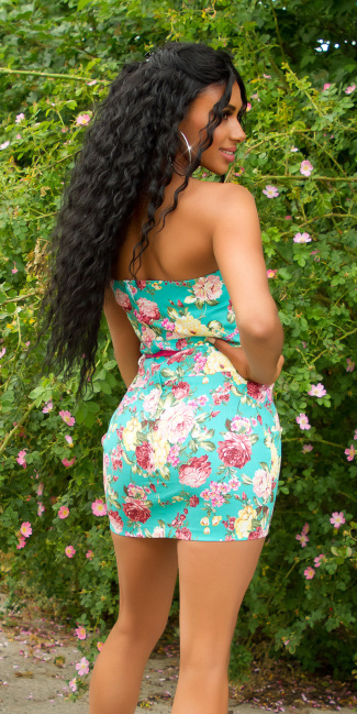Bandeau-minidress with flower-print and belt Turquoise